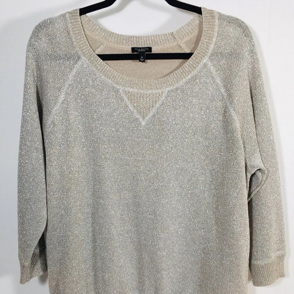 TALBOTS Sz M Shimmer Gold Lurex Ribbed Knit Sweater Tunic Top. Pullover